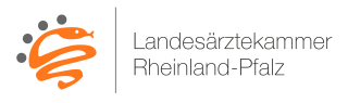 Logo der Landesärztekammer Rheinland-Pfalz mit orangefarbener Schlange und vier grauen Punkten