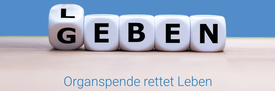 Würfel mit den Buchstaben ergeben die Wörten LEBEN oder GEBEN, darunter Text 'Organspende rettet Leben'.