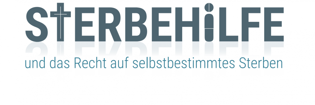 Schriftzug 'STERBEHILFE' und dem Untertitel 'und das Recht auf selbstbestimmtes Sterben', das Kreuz als Buchstabe T integriert.