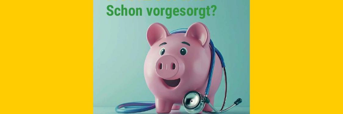 Rosafarbenes Sparschwein mit Stethoskop um den Hals vor blaugrünem Hintergrund, darüber Text 'Ärzteblatt Rheinland-Pfalz 04|25' und 'Ab in den Ruhestand Schon vorgesorgt?'