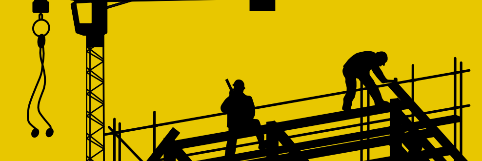 Gelbe Grafik mit schwarzer Silhouette von Baukran und zwei Bauarbeitern auf Gerüst, Text 'Klinik-Bauprojekte in Rheinland-Pfalz'