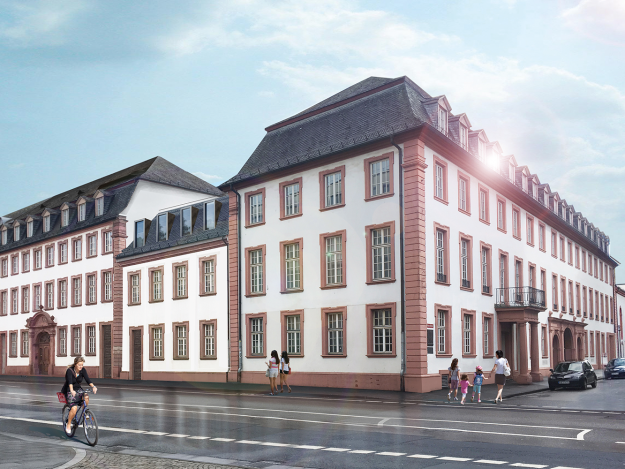 Visualisierung der Fassade des Eltzer Hofs, ein historisches Gebäude mit weißer Putzfassade und roten Fensterrahmen, mehrere Personen und ein Radfahrer auf der Straße davor.